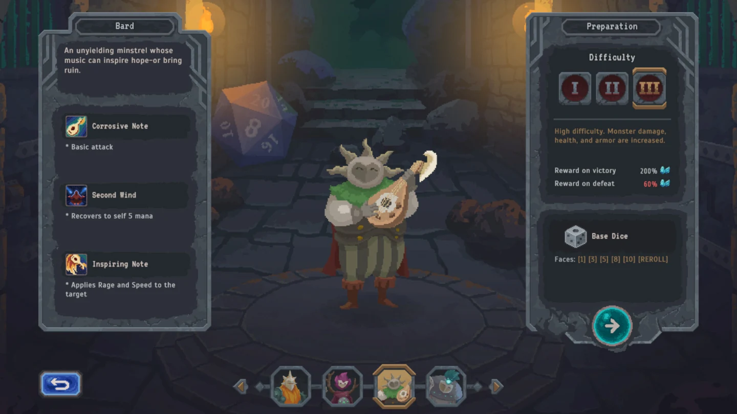 Lootbound Bard ability panel with Difficulty III selector and base dice faces