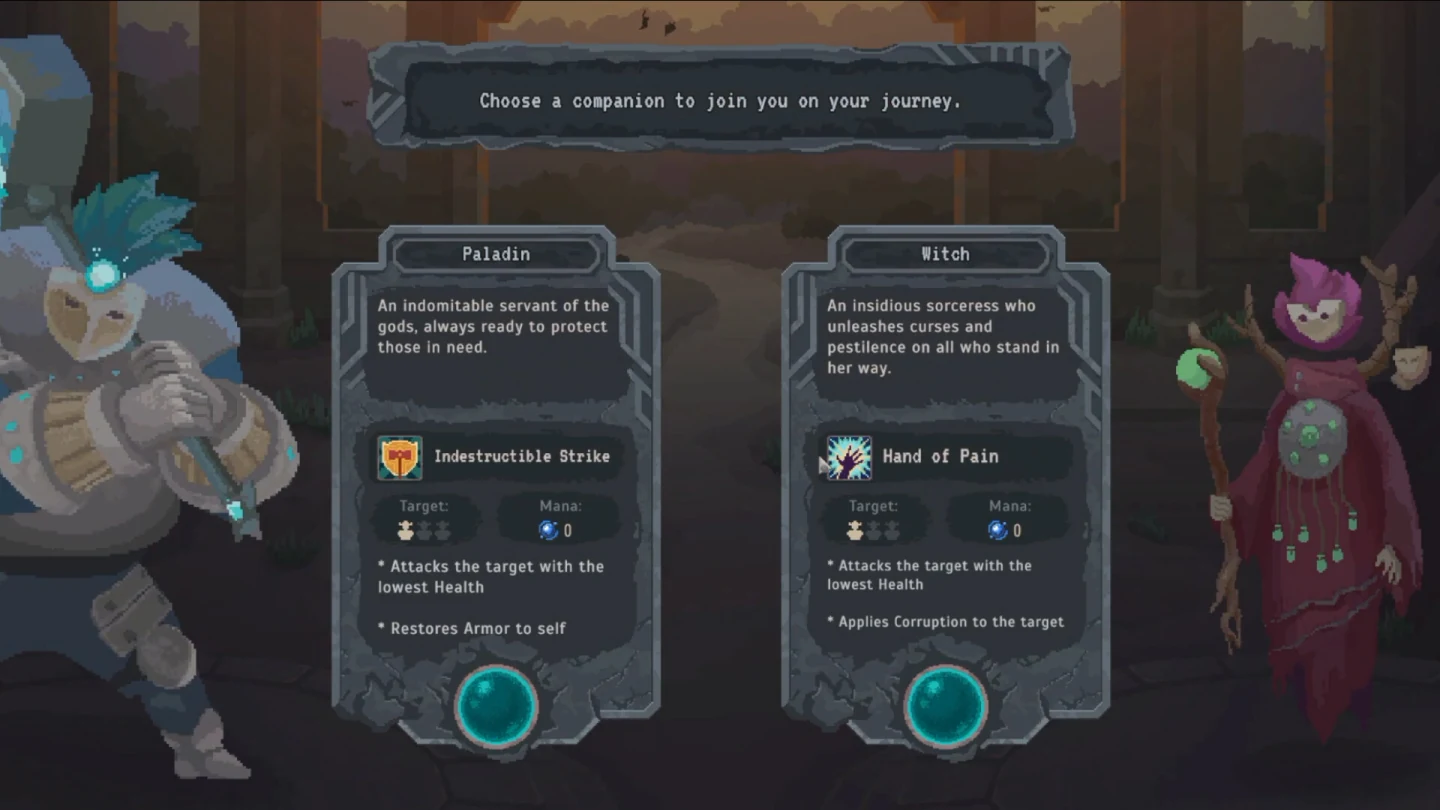 Lootbound companion choice screen showing the Witch Hand of Pain tooltip text Applies Corruption to the target