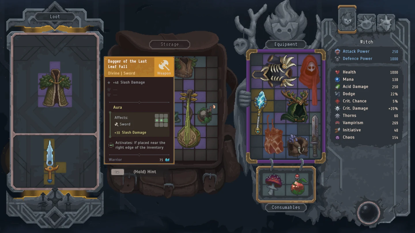 Lootbound grid showing compact and irregular equipment around aura effects