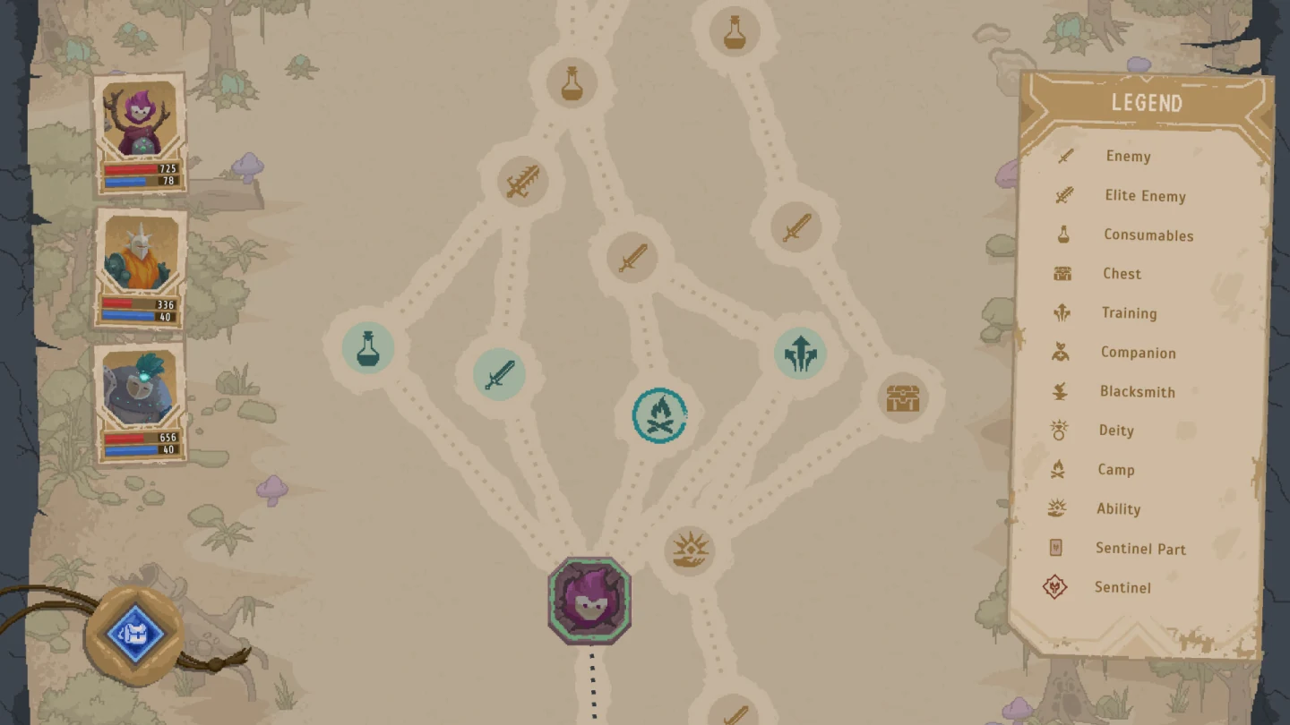 Lootbound route map showing room icons, route branches, legend, and party status
